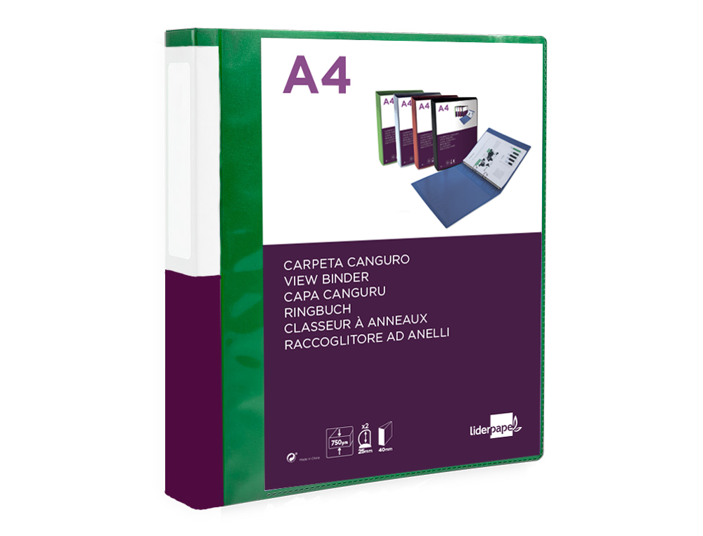 CLASSEUR KANGOUROU LIDERPAPEL 2 ANNEAUX EN D 25MM POLYPROPYLENE 283X320MM DOCUMENT A4 COLORIS VERT