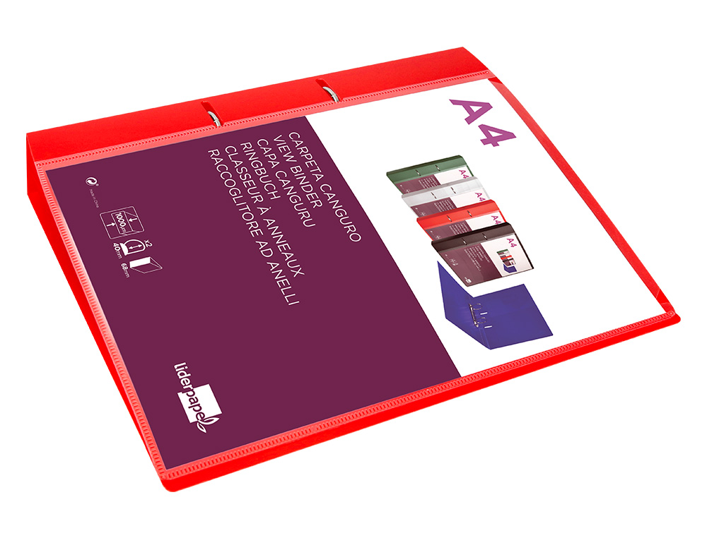 CLASSEUR KANGOUROU LIDERPAPEL 2 ANNEAUX EN D 40MM POLYPROPYLENE 283X320MM DOCUMENT A4 COLORIS ROUGE