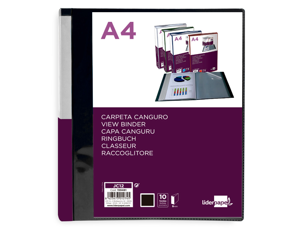 PROTEGE-DOCUMENTS LIDERPAPEL PERSONNALISABLE KANGOUROU     POLYPROPYLENE 10 POCHETTES    FIXES A4 COLORIS NOIR OPAQUE