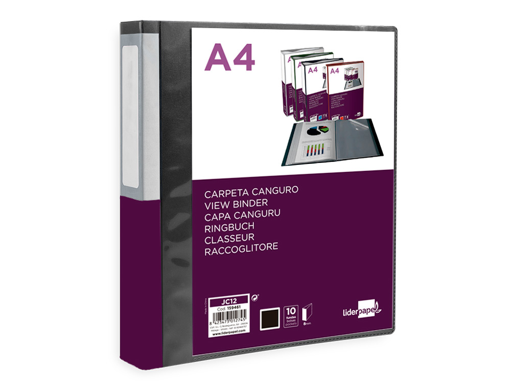 PROTEGE-DOCUMENTS LIDERPAPEL PERSONNALISABLE KANGOUROU     POLYPROPYLENE 10 POCHETTES    FIXES A4 COLORIS NOIR OPAQUE