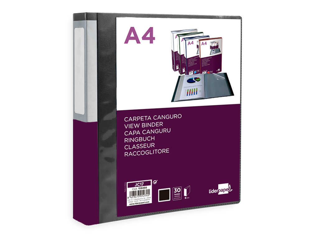PROTEGE-DOCUMENTS LIDERPAPEL PERSONNALISABLE KANGOUROU     POLYPROPYLENE 30 POCHETTES    FIXES A4 COLORIS NOIR OPAQUE