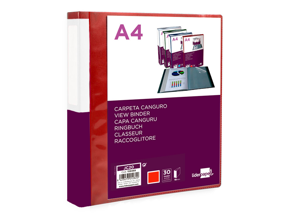 PROTEGE-DOCUMENTS LIDERPAPEL PERSONNALISABLE KANGOUROU     POLYPROPYLENE 30 POCHETTES    FIXES A4 COLORIS ROUGE
