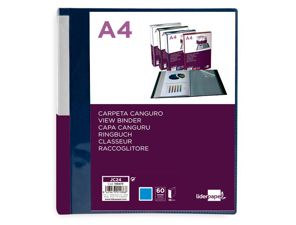 PROTEGE-DOCUMENTS LIDERPAPEL PERSONNALISABLE KANGOUROU     POLYPROPYLENE 60 POCHETTES    FIXES A4 COLORIS BLEU