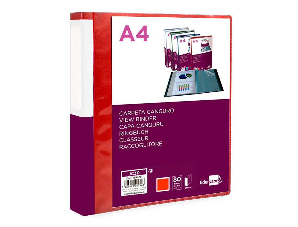 PROTEGE-DOCUMENTS LIDERPAPEL PERSONNALISABLE KANGOUROU POLYPROPYLENE 80 POCHETTES FIXES A4 COLORIS ROUGE TRANSLUCIDE