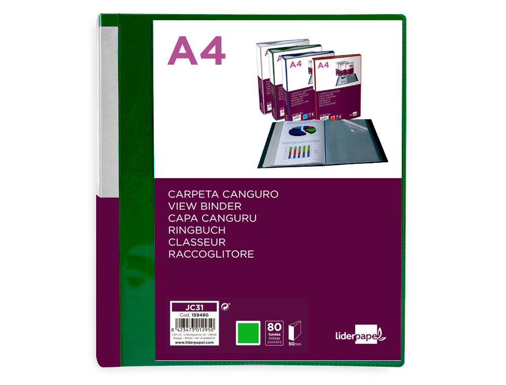 PROTEGE-DOCUMENTS LIDERPAPEL PERSONNALISABLE KANGOUROU     POLYPROPYLENE 80 POCHETTES    FIXES A4 COLORIS VERT