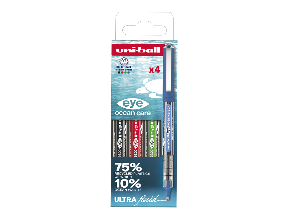 ROLLER UNIBALL OCEAN CARE ECRITURE MOYENNE POINTE 0,7MM ENCRE LIQUIDE COLORIS         ASSORTIS POCHETTE 4 UNITES