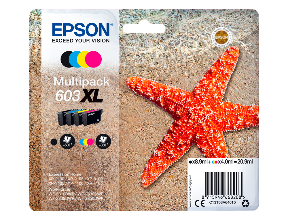 CARTOUCHE ENCRE EPSON 603XL XP-2100 / 3100 / 4100 / WF-2810 / 2830 / 2835 / 2850 PACK COULEUR NOIR JAUNE CYAN