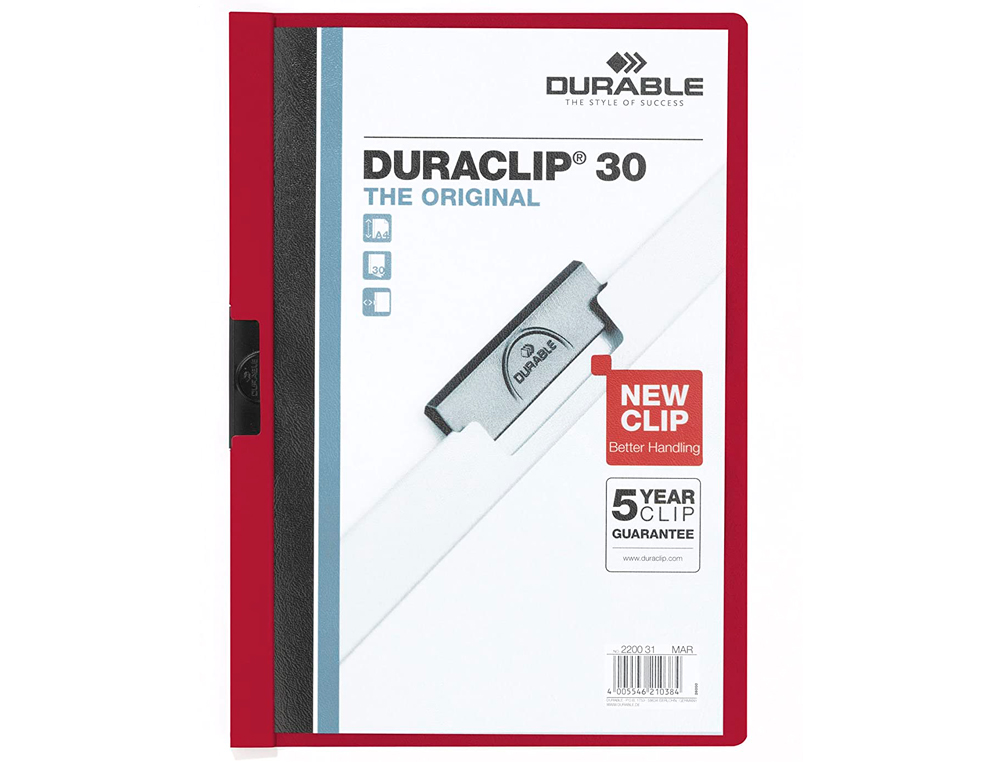CHEMISE DURABLE DURACLIP PVC CLIP ACIER A4 COUVERTURE INCOLORE TRANSPARENTE DOS RIGIDE OPAQUE ASSORTIMENT CAPACIT 30F