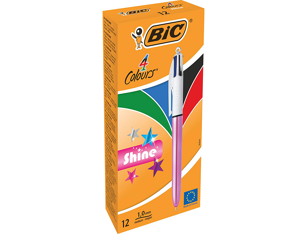 STYLO-BILLE BIC 4 COULEURS SHINE RETRACTABLE             RECHARGEABLE POINTE MOYENNE   1MM CORPS BLANC/OR ROSE