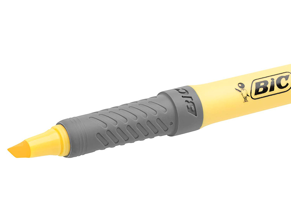 SURLIGNEUR BIC HIGHLIGHTER GRIP CAOUTCHOUC POINTE        MOYENNE BISEAUTEE COLORIS     JAUNE PASTEL