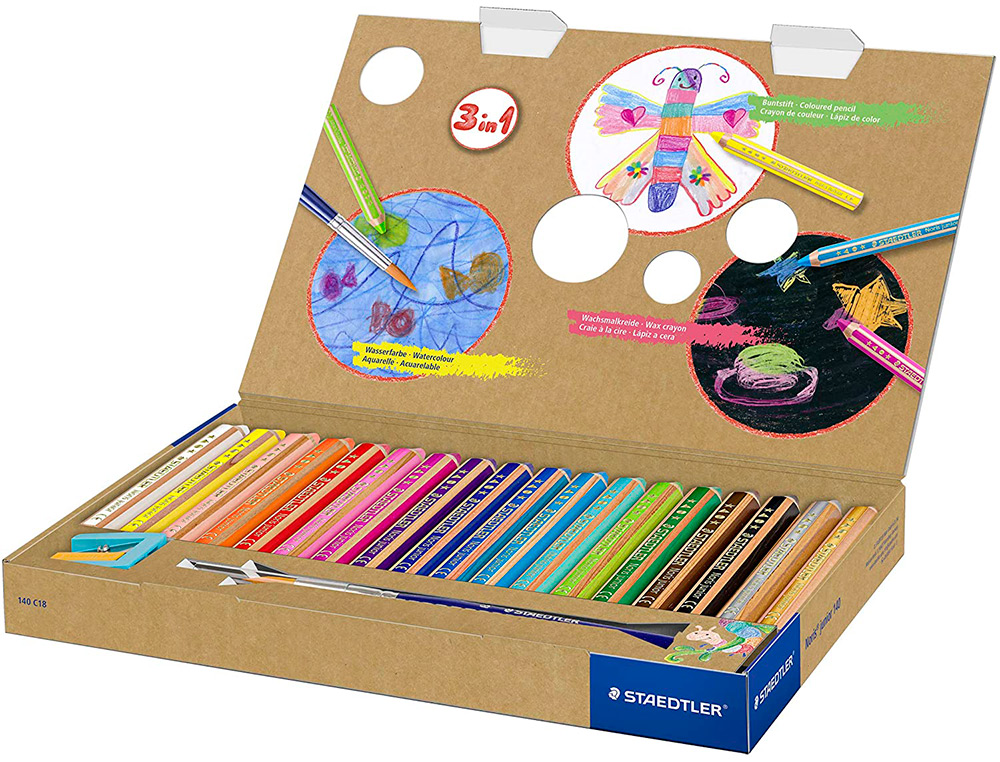 CRAYON COULEUR STAEDTLER NORIS JUNIOR 140 3-EN-1 CRAIE CIRE AQUARELLABLE             TAILLE-CRAYON COLORIS