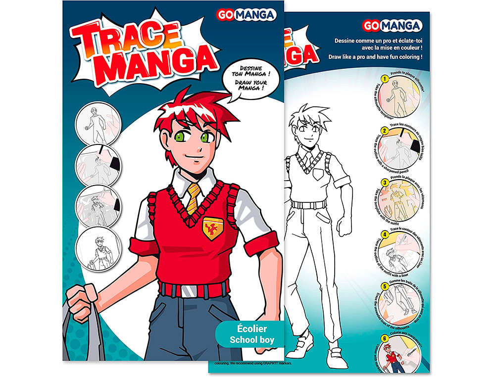 TRACE-MANGA GO MANGA 2 POCHOIRS SILHOUETTE A TRACER TENUE VESTIMENTAIRE ET ACCESSOIRES MODELE GARCON