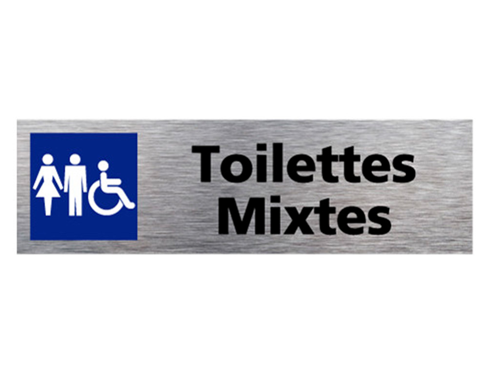 PLAQUE DE PORTE TOILETTES MIXTES SIGNALETIQUE BIZ       PICTOGRAMME EN ALUMINIUM      BROSSE DOUBLE FACE