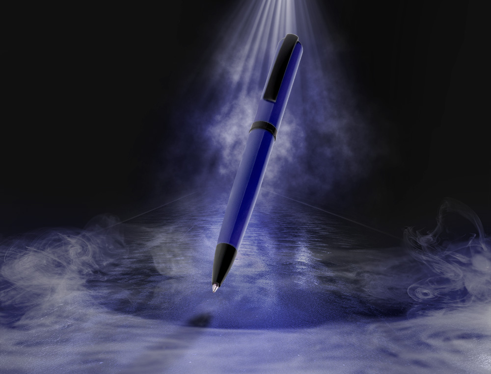 STYLO-BILLE BELIUS TURBO ALUMINIUM TEXTURE POINTILLEE ATTRIBUTS NOIR ENCRE BLEUE COLORIS BLEU DANS COFFRET CADEAU