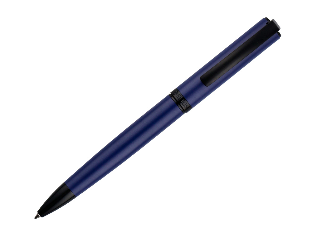 STYLO-BILLE BELIUS TURBO ALUMINIUM TEXTURE POINTILLEE ATTRIBUTS NOIR ENCRE BLEUE COLORIS BLEU DANS COFFRET CADEAU
