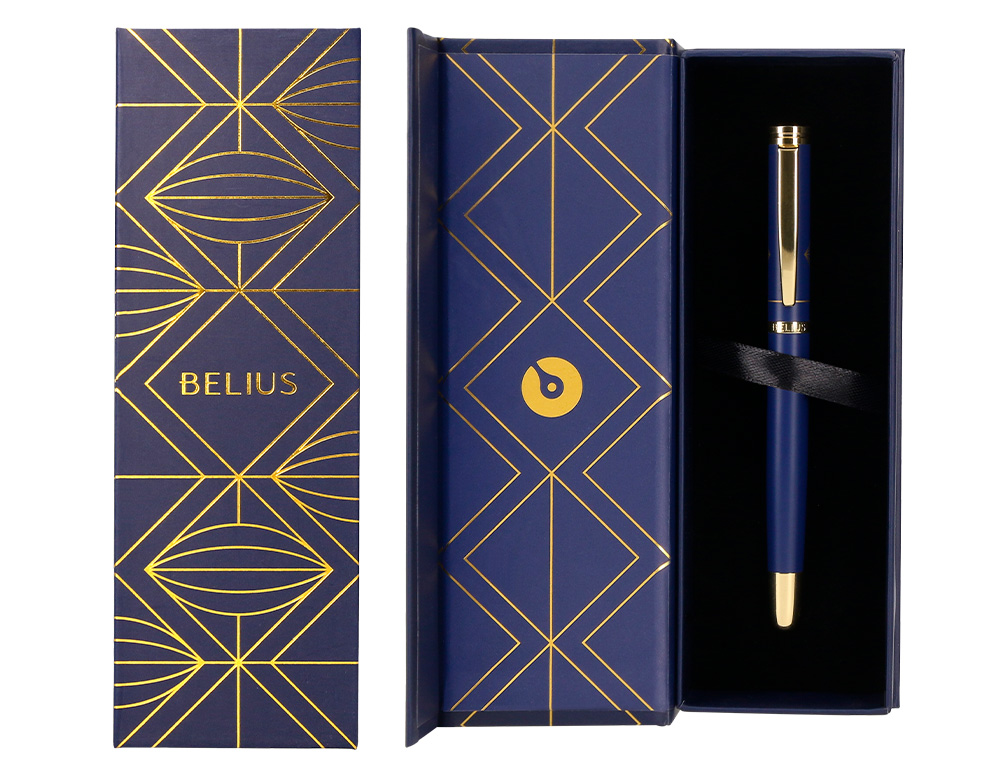 STYLO-BILLE BELIUS SOIREE ALUMINIUM DETAILS ET ATTRIBUTS OR ENCRE BLEUE COLORIS BLEU MARINE DANS COFFRET CADEAU