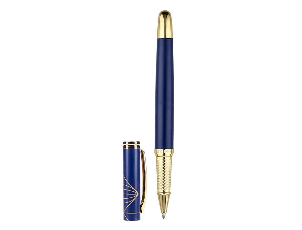 STYLO-BILLE BELIUS SOIREE ALUMINIUM DETAILS ET ATTRIBUTS OR ENCRE BLEUE COLORIS BLEU MARINE DANS COFFRET CADEAU