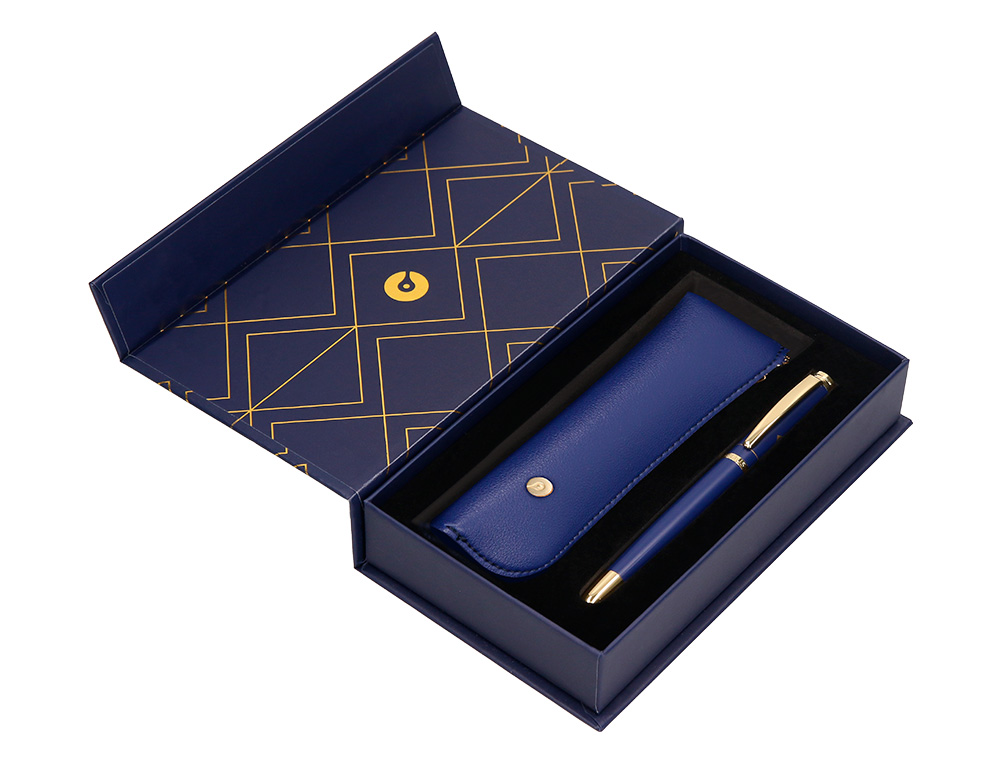 STYLO-PLUME ET ETUI SIMILI CUIR BELIUS SOIREE ALUM. DETAILS ET ATTRIBUTS OR ENCRE BLEUE COL. BLEU MARINE COFFRET CADEAU