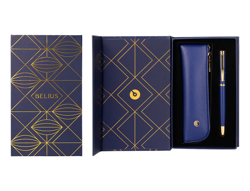 STYLO-BILLE ET ETUI SIMILI CUIR BELIUS SOIREE ALUM. DETAILS ET ATTRIBUTS OR ENCRE BLEUE COL. BLEU MARINE COFFRET CADEAU