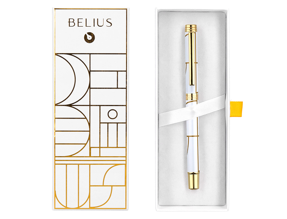 ROLLER BELIUS CARTE BLANCHE ALUMINIUM DETAILS ET ATTRIBUTS OR ENCRE NOIRE COLORIS BLANC DANS COFFRET CADEAU