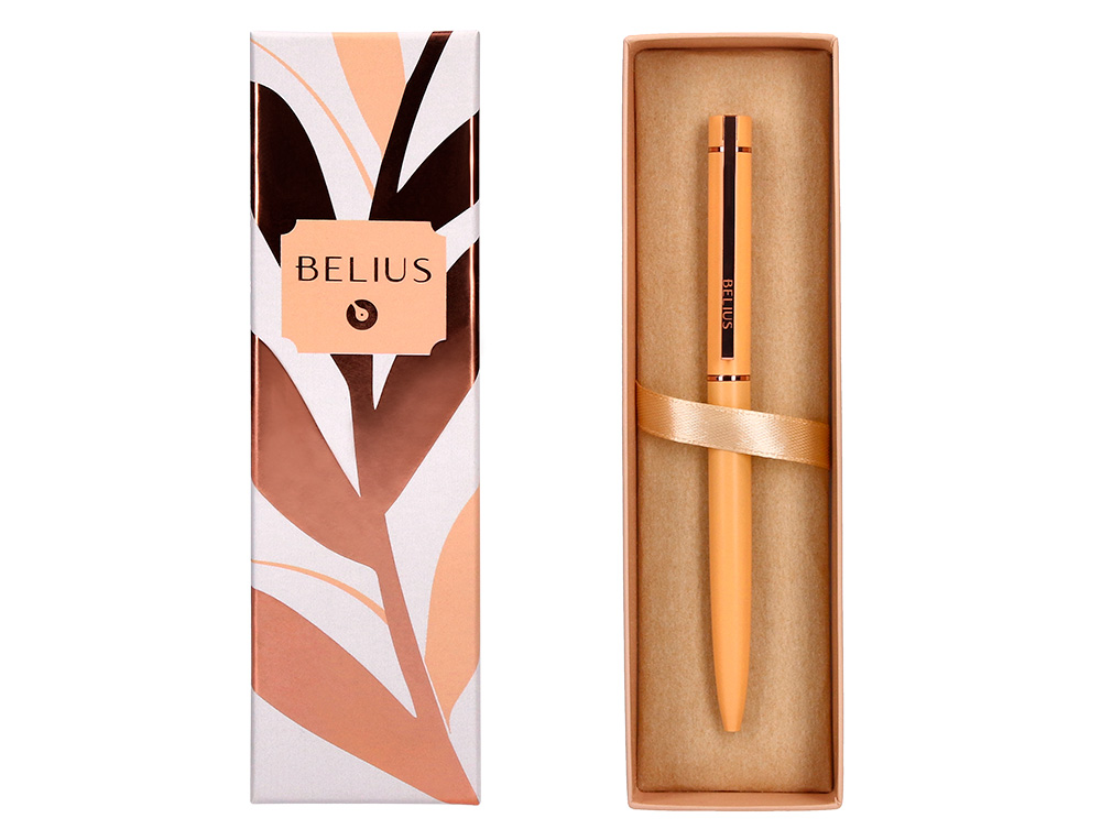 STYLO-BILLE BELIUS ROSE ALUMINIUM DETAILS ET ATTRIBUTS OR ROSE ENCRE BLEUE COLORIS ORANGE DANS COFFRET CADEAU