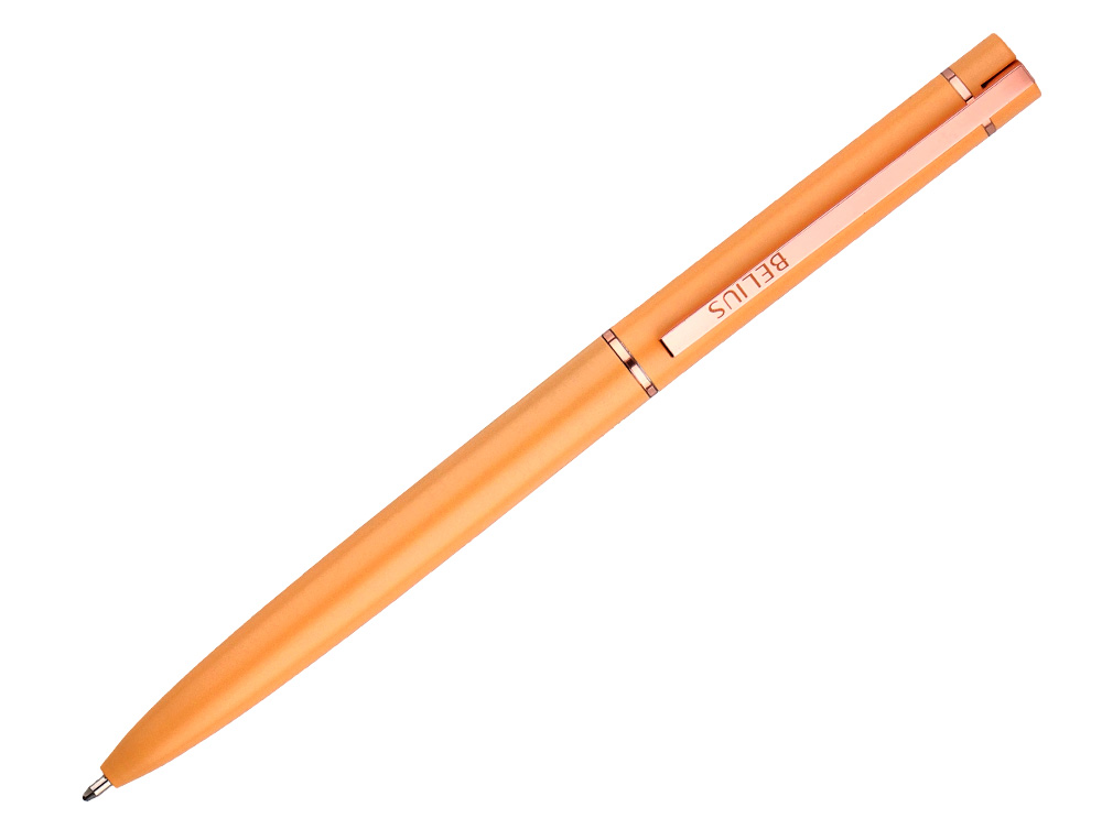 STYLO-BILLE BELIUS ROSE ALUMINIUM DETAILS ET ATTRIBUTS OR ROSE ENCRE BLEUE COLORIS ORANGE DANS COFFRET CADEAU