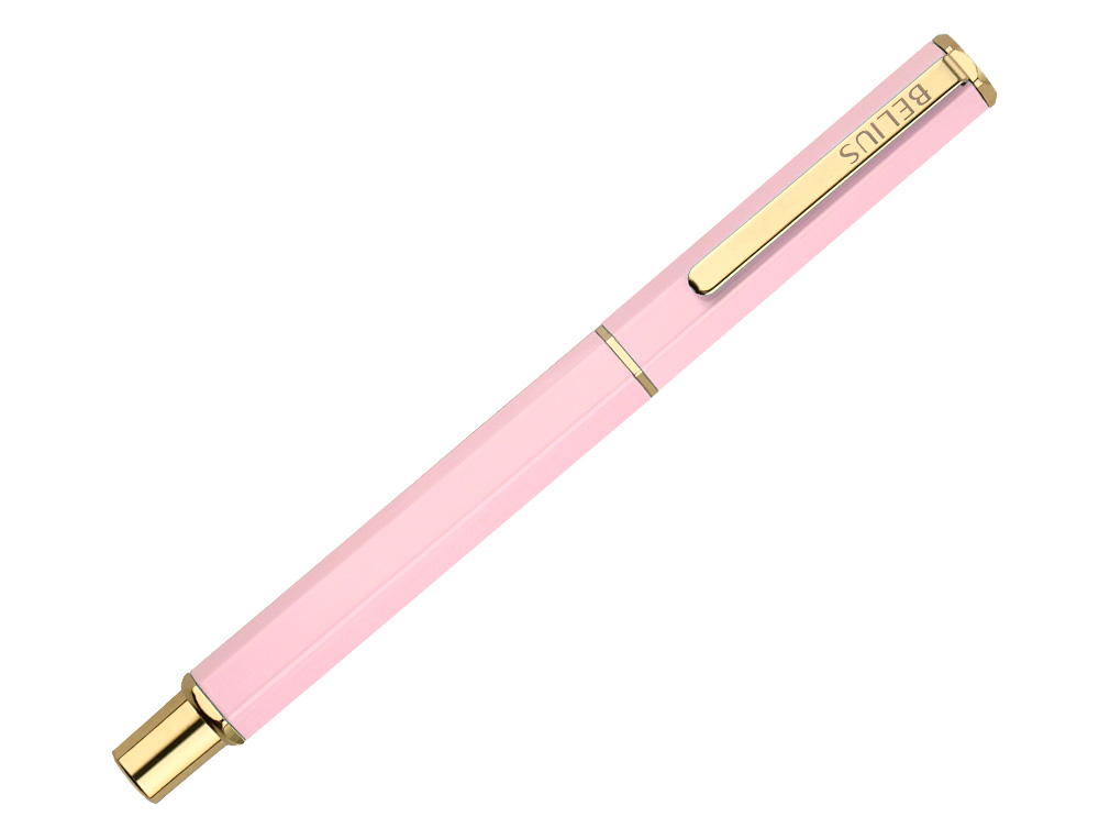 STYLO-BILLE BELIUS MACARON BLISS HEXAGONAL ALUMINIUM DETAILS ET ATTRIBUTS OR ENCRE BLEUE COLORIS ROSE COFFRET CADEAU