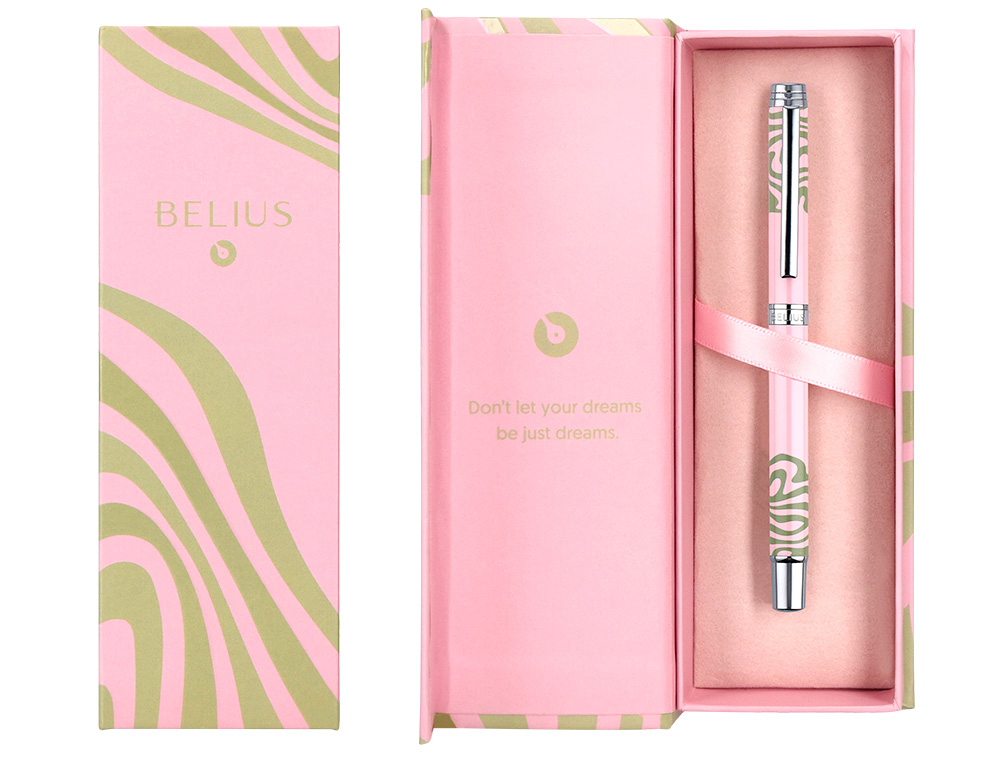 ROLLER BELIUS INK DREAMS ALUMINIUM ATTRIBUTS ARGENT ENCRE NOIRE COLORIS ROSE ONDULATIONS VERT MATCHA DANS COFFRET CADEAU