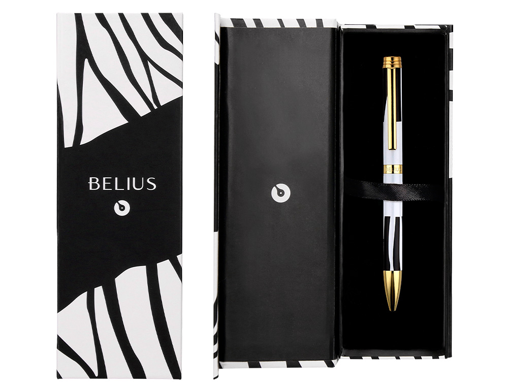 STYLO-BILLE BELIUS B&W ALUMINIUM ATTRIBUTS OR ENCRE BLEUE COLORIS NOIR ZEBRURES BLANCHES DANS COFFRET CADEAU