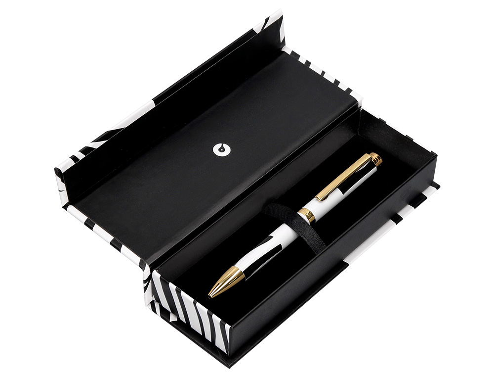 STYLO-BILLE BELIUS B&W ALUMINIUM ATTRIBUTS OR ENCRE BLEUE COLORIS NOIR ZEBRURES BLANCHES DANS COFFRET CADEAU