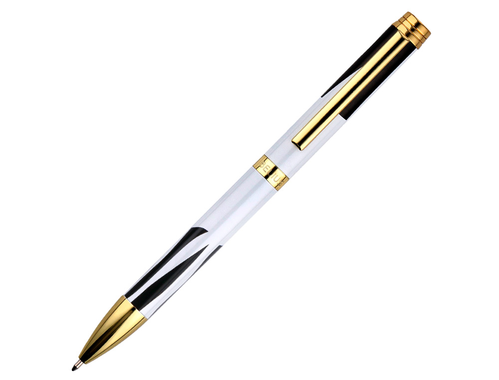 STYLO-BILLE BELIUS B&W ALUMINIUM ATTRIBUTS OR ENCRE BLEUE COLORIS NOIR ZEBRURES BLANCHES DANS COFFRET CADEAU