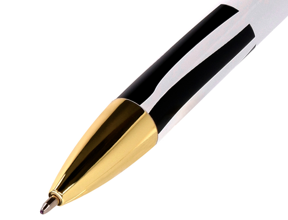 STYLO-BILLE BELIUS B&W ALUMINIUM ATTRIBUTS OR ENCRE BLEUE COLORIS NOIR ZEBRURES BLANCHES DANS COFFRET CADEAU