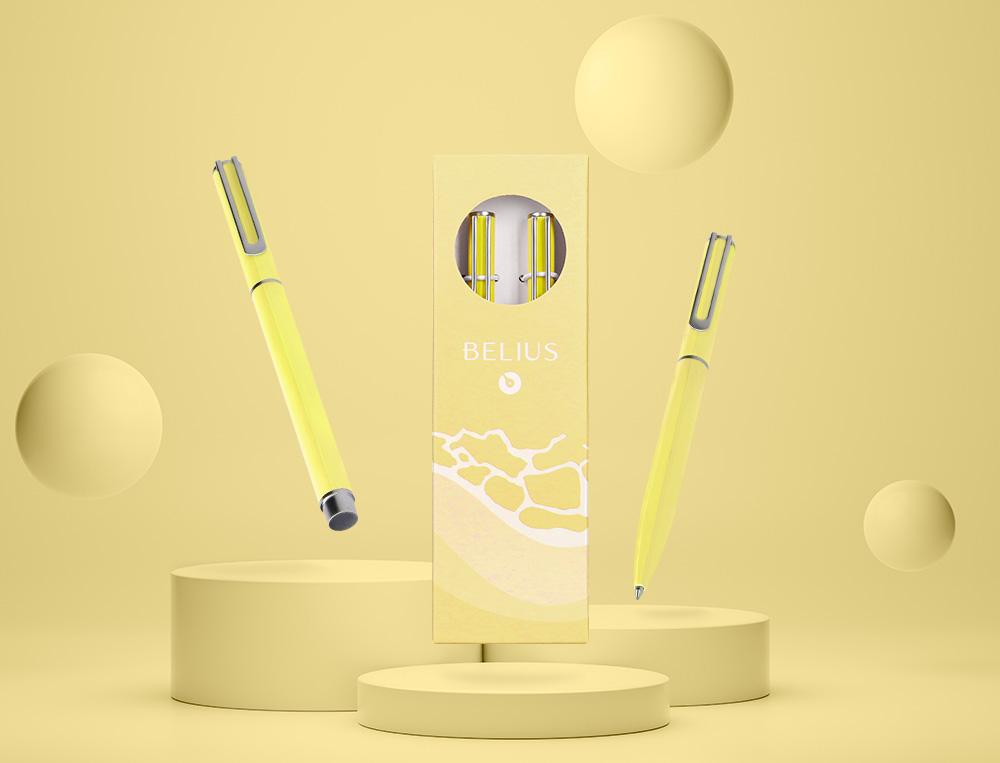 PARURE STYLO-BILLE ET ROLLER BELIUS ENDLESS SUMMER ALUMINIUM ATRIBUTS ARGENT ENCRE BLEUE COLORIS JAUNE COFFRET CADEAU