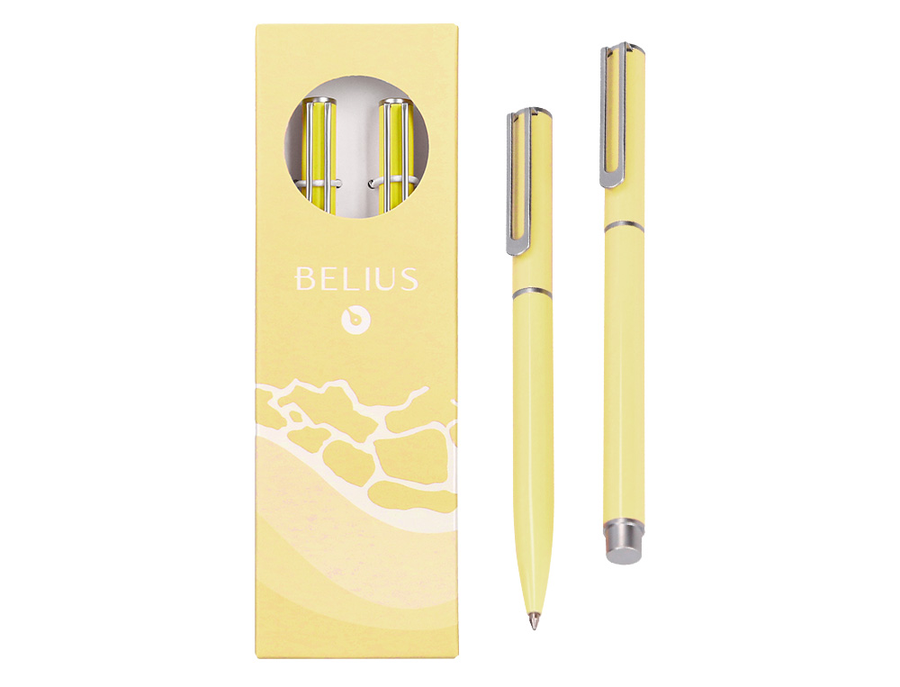 PARURE STYLO-BILLE ET ROLLER BELIUS ENDLESS SUMMER ALUMINIUM ATRIBUTS ARGENT ENCRE BLEUE COLORIS JAUNE COFFRET CADEAU