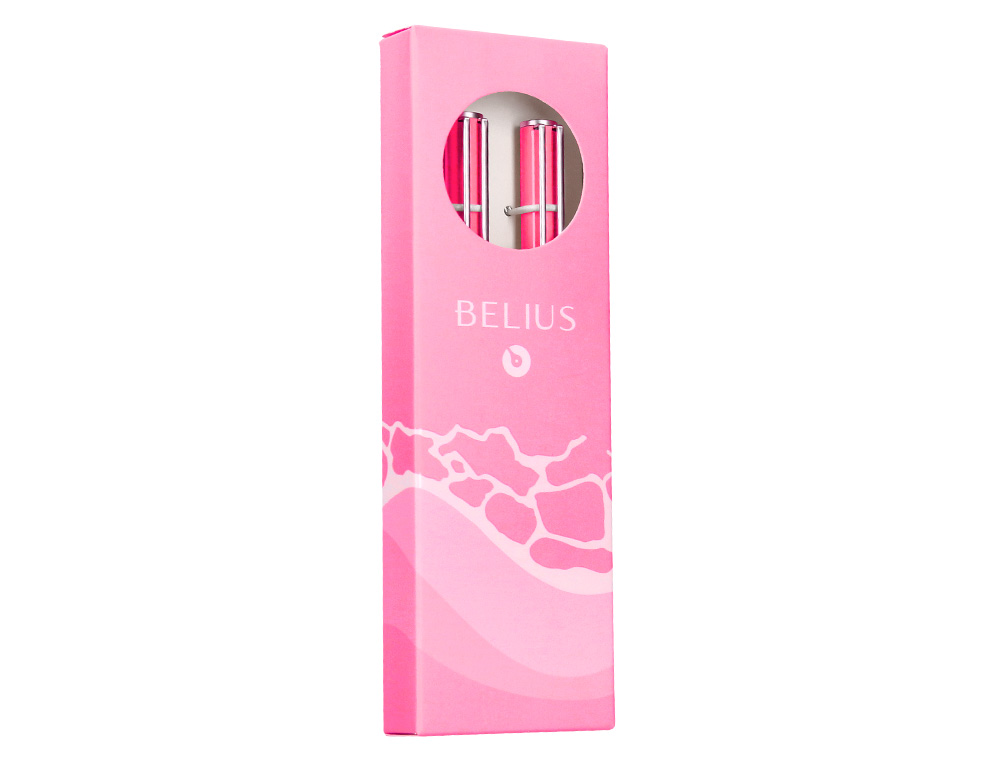 PARURE STYLO-BILLE ET ROLLER BELIUS ENDLESS SUMMER ALUMINIUM ATRIBUTS ARGENT ENCRE BLEUE COLORIS ROSE COFFRET CADEAU