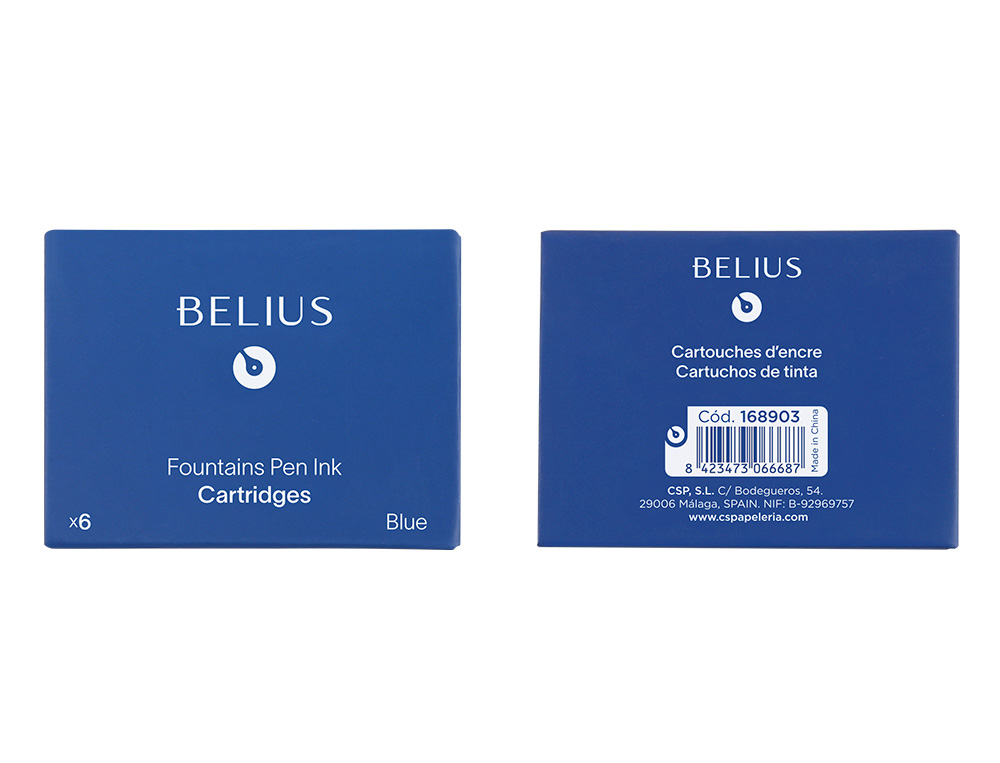 RECHARGE STYLO-PLUME BELIUS ENCRE COLORIS BLEUE BOITE 6 CARTOUCHES