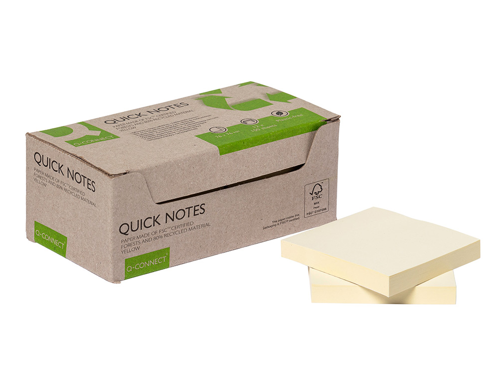 BLOC NOTES Q-CONNECT QUICK NOTES 76X76MM 100F ADHESIVES REPOSITIONABLES COLORIS JAUNE PACK 12 UNITES