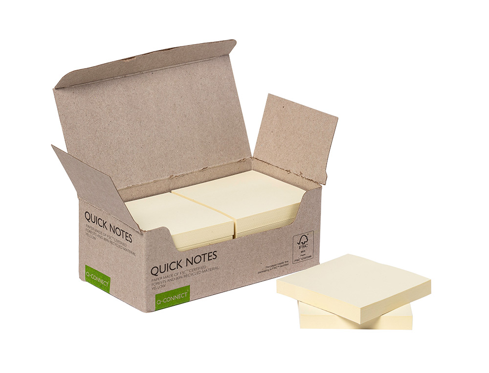 BLOC NOTES Q-CONNECT QUICK NOTES 76X76MM 100F ADHESIVES REPOSITIONABLES COLORIS JAUNE PACK 12 UNITES