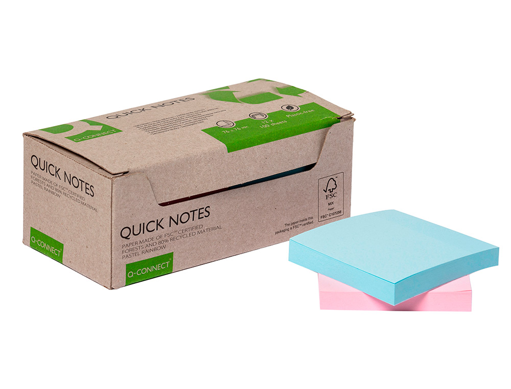 BLOC NOTES Q-CONNECT QUICK NOTES 76X76MM 100F ADHESIVES REPOSITIONABLES MONOCHROME ROSE OU BLEU PASTEL PACK 12 UNITES