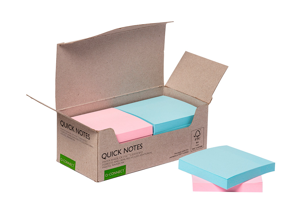 BLOC NOTES Q-CONNECT QUICK NOTES 76X76MM 100F ADHESIVES REPOSITIONABLES MONOCHROME ROSE OU BLEU PASTEL PACK 12 UNITES