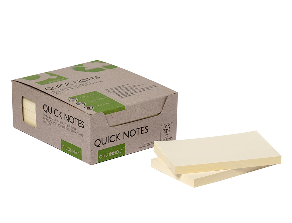 BLOC NOTES Q-CONNECT QUICK NOTES 76X127MM 100F ADHESIVES REPOSITIONABLES COLORIS JAUNE PACK 12 UNITES