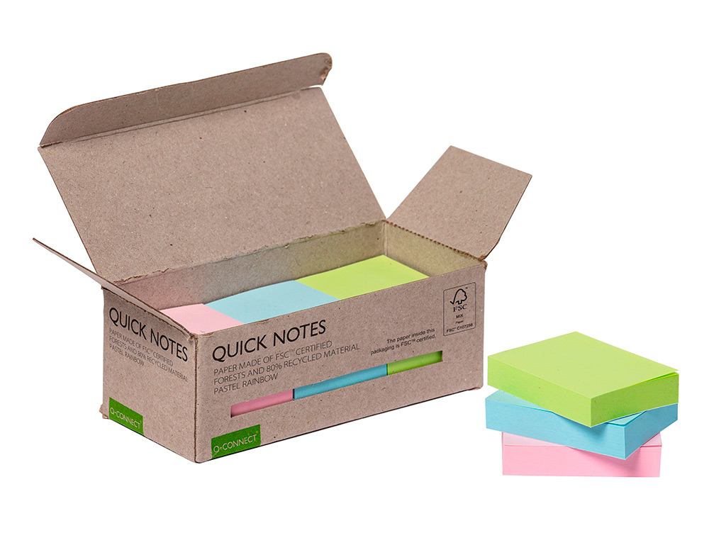 BLOC NOTES Q-CONNECT QUICK NOTES 38X51MM 100F ADHESIVES REPOSITIONABLES COLORIS PASTEL ASSORTIS PACK 12 UNITES