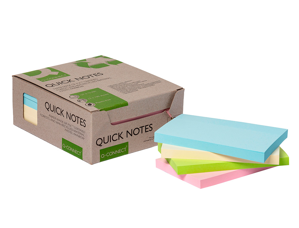 BLOC NOTES Q-CONNECT QUICK NOTES 76X127MM 100F ADHESIVES REPOSITIONABLES COLORIS PASTEL ASSORTIS PACK 12 UNITES