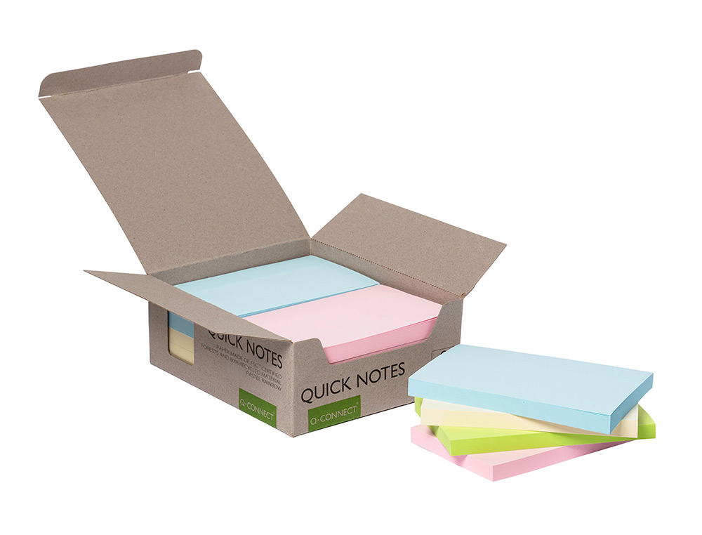 BLOC NOTES Q-CONNECT QUICK NOTES 76X127MM 100F ADHESIVES REPOSITIONABLES COLORIS PASTEL ASSORTIS PACK 12 UNITES