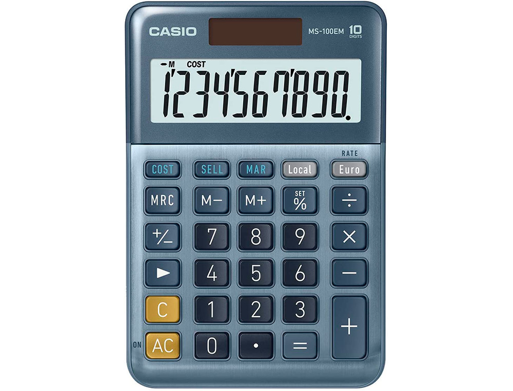 CALCULATRICE CASIO BUREAU MS100EM GRAN ECRAN 10         CHIFFRES EURO CONVERTISSEUR   MEMOIRE SOLAIRE/PILE COULEUR