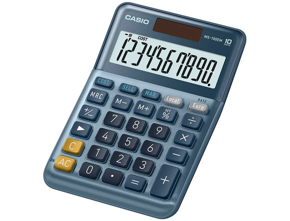 CALCULATRICE CASIO BUREAU MS100EM GRAN ECRAN 10         CHIFFRES EURO CONVERTISSEUR   MEMOIRE SOLAIRE/PILE COULEUR