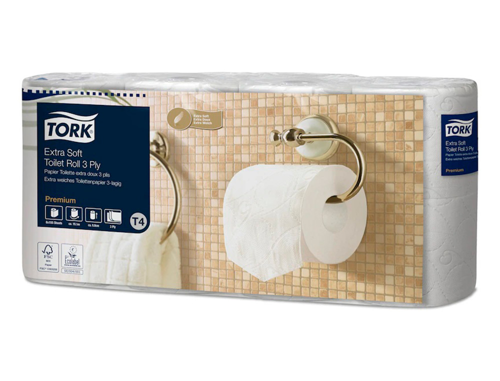 PAPIER TOILETTE TORK PREMIUM ROULEAU TRADITIONNEL EXTRA DOUX 155F 3PLIS ECOLABEL PAQUET DE 8 ROULEAUX