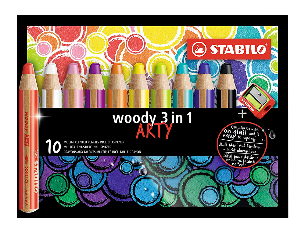 CRAYON COULEUR STABILO WOODY MULTI TALENTS 10 CRAYONS 3 EN 1 ARTY + 1 TAILLE CRAYON