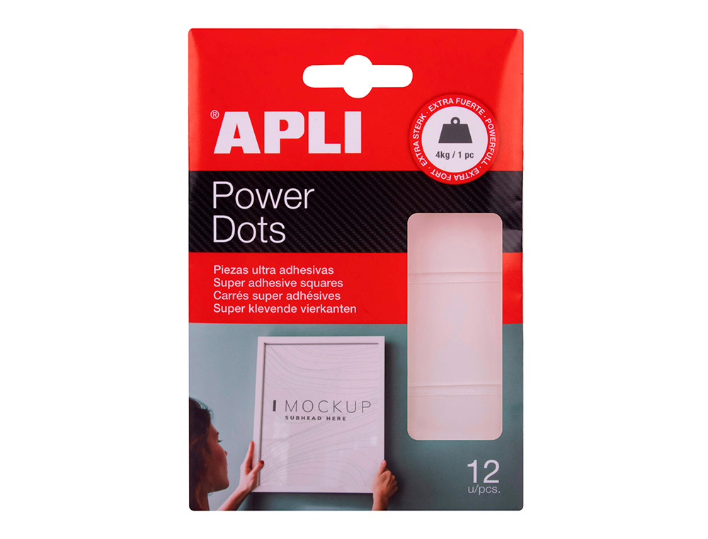 RECTANGLES APLI DOUBLE-FACE ADHESIF EXTRA FORT POWER DOTS TRANSPARENT PREMIUM 30X34MM. BLISTER DE 12