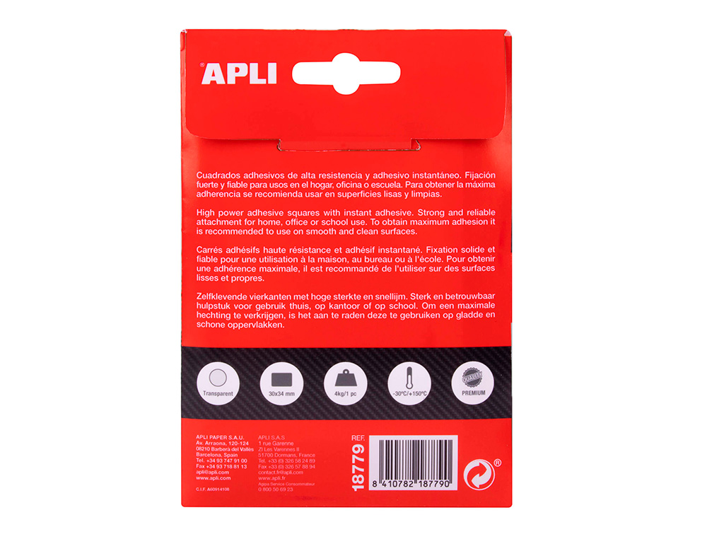 RECTANGLES APLI DOUBLE-FACE ADHESIF EXTRA FORT POWER DOTS TRANSPARENT PREMIUM 30X34MM. BLISTER DE 12
